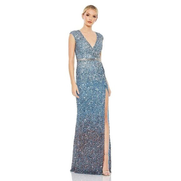 NWT Mac Duggal Cap Sleeve Sequined High Slit Gown Blue Ombre 12 #8316 - Picture 1 of 8